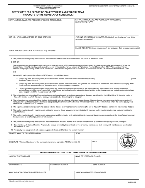 FSIS Form 9305-2A Certificate for Export of Poultry Meat and Poultry Meat Products to the Republic of Korea (Rok)
