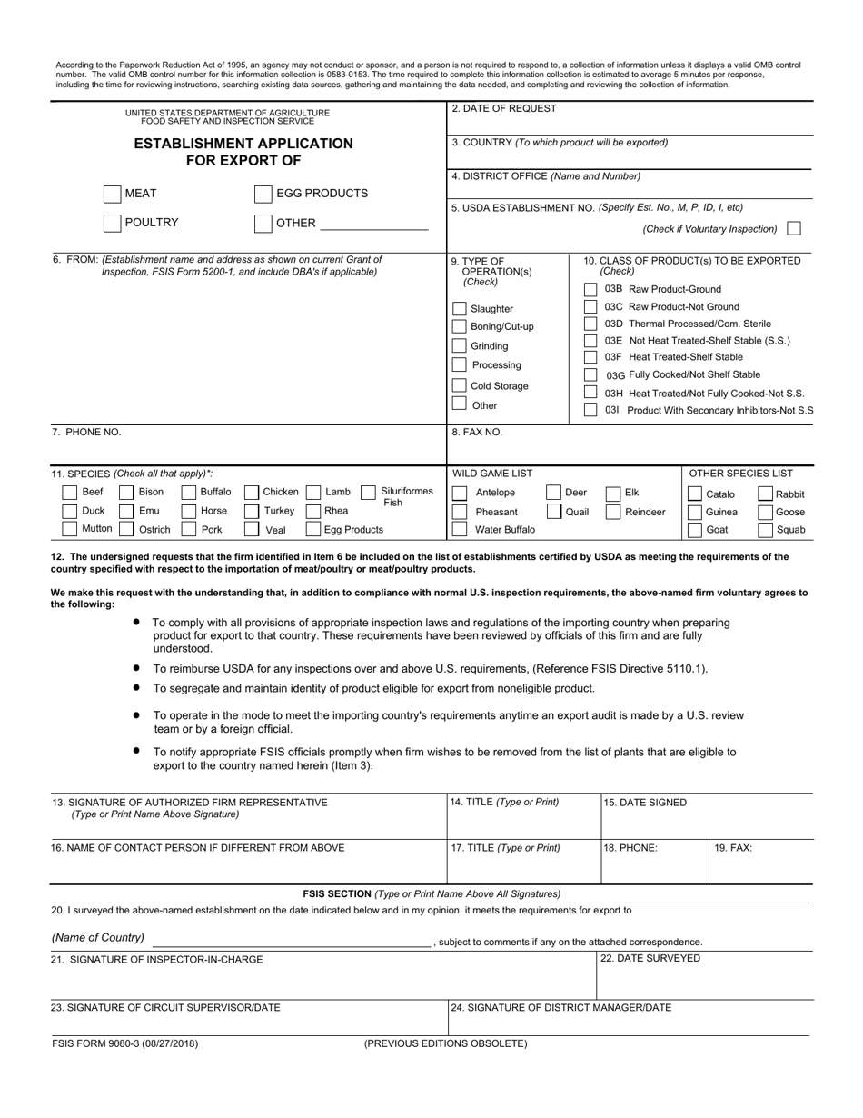 FSIS Form 9080-3 Establishment Application for Export of Meat / Poultry / Egg Products / Other, Page 1