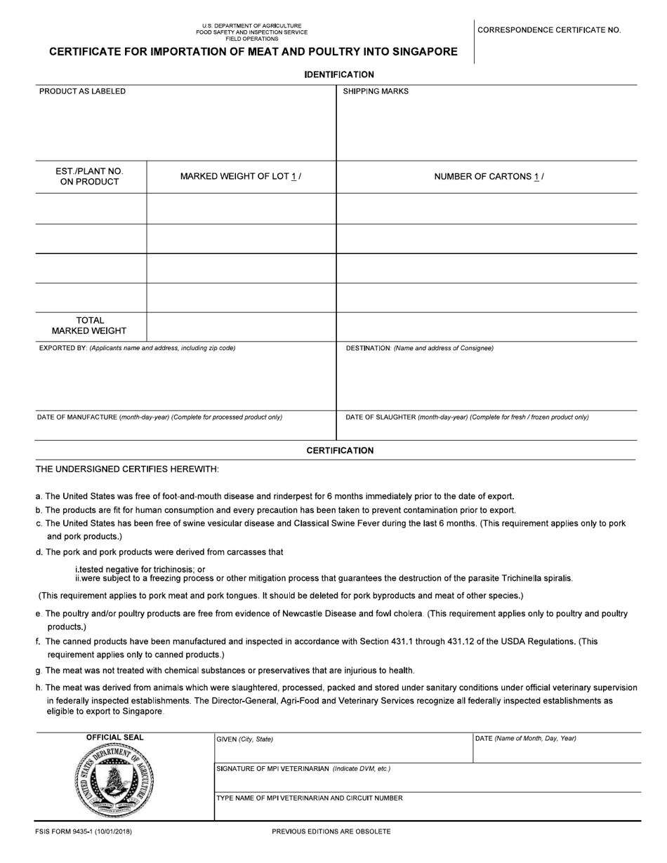 FSIS Form 9435-1 Certificate for Importation of Meat and Poultry Into Singapore, Page 1