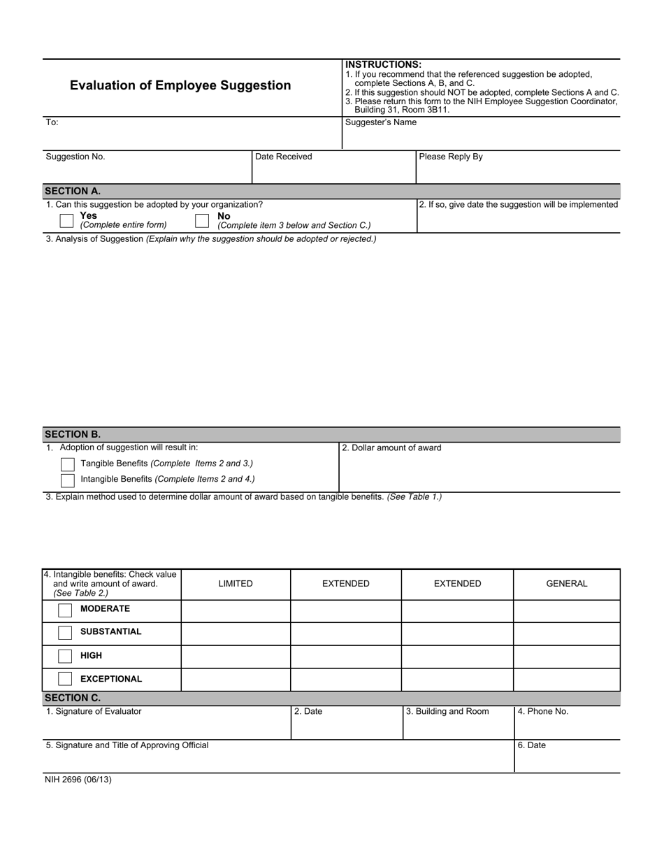 Form NIH2696 Evaluation of Employee Suggestion, Page 1