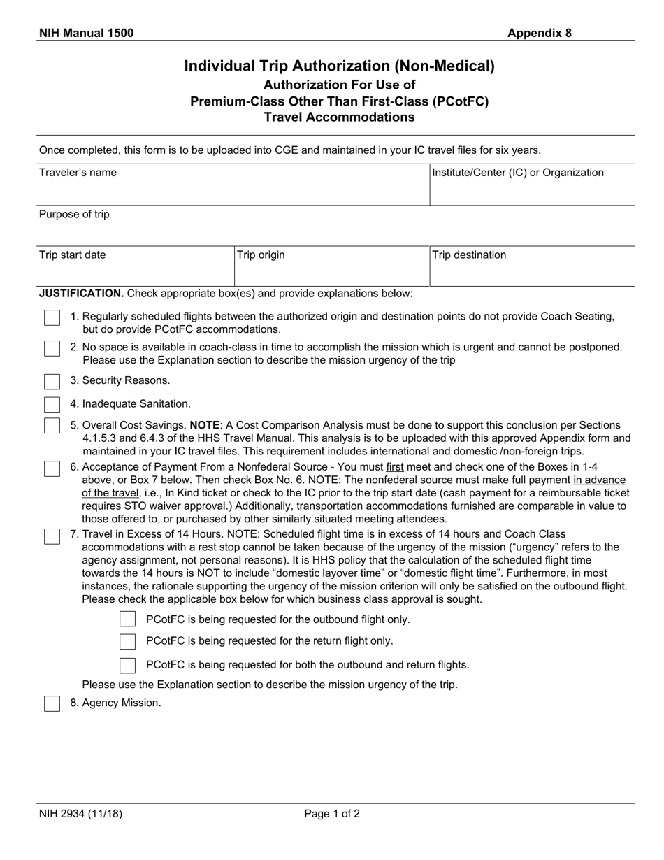 Form NIH2934 Nih Manual 1500 - Appendix 8 - Individual Trip Authorization (Non-medical) Authorization for Use of Premium-Class Other Than First-Class (Pcotfc) Travel Accommodations, Page 1