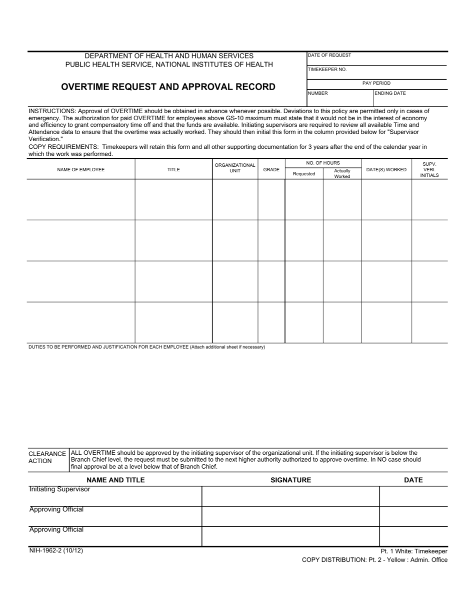 Form NIH-1962-2 Overtime Request and Approval Record, Page 1