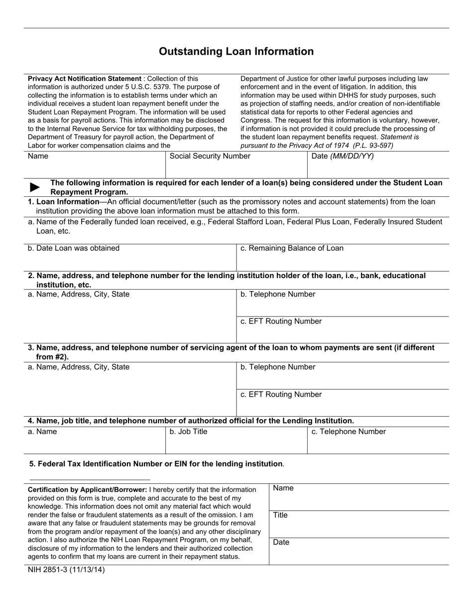 Form NIH2851-3 Outstanding Loan Information, Page 1