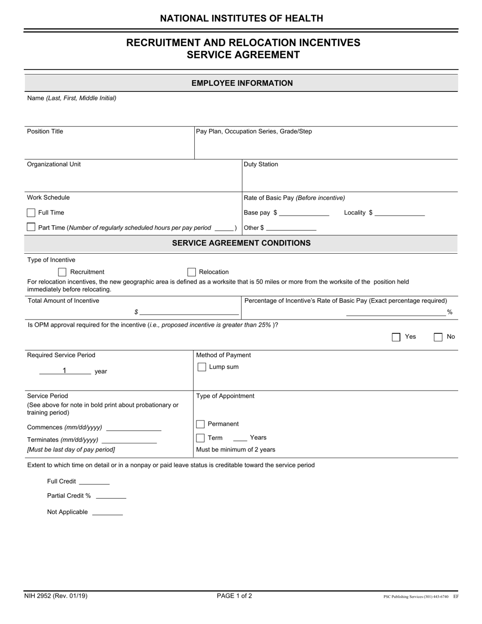 Form NIH2952 Recruitment and Relocation Incentives Service Agreement, Page 1