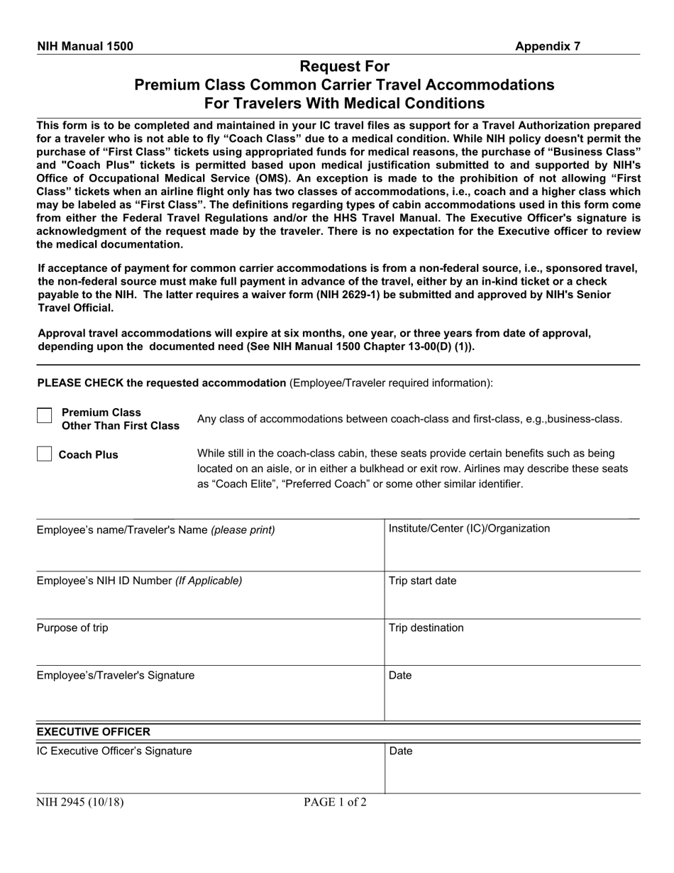 Form NIH2945 Nih Manual 1500 - Appendix 7 - Request for Premium Class Common Carrier Travel Accommodations for Travelers With Medical Conditions, Page 1