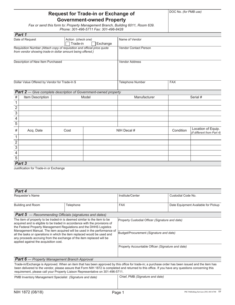 Form NIH1872 Download Fillable PDF or Fill Online Request for Trade-In ...