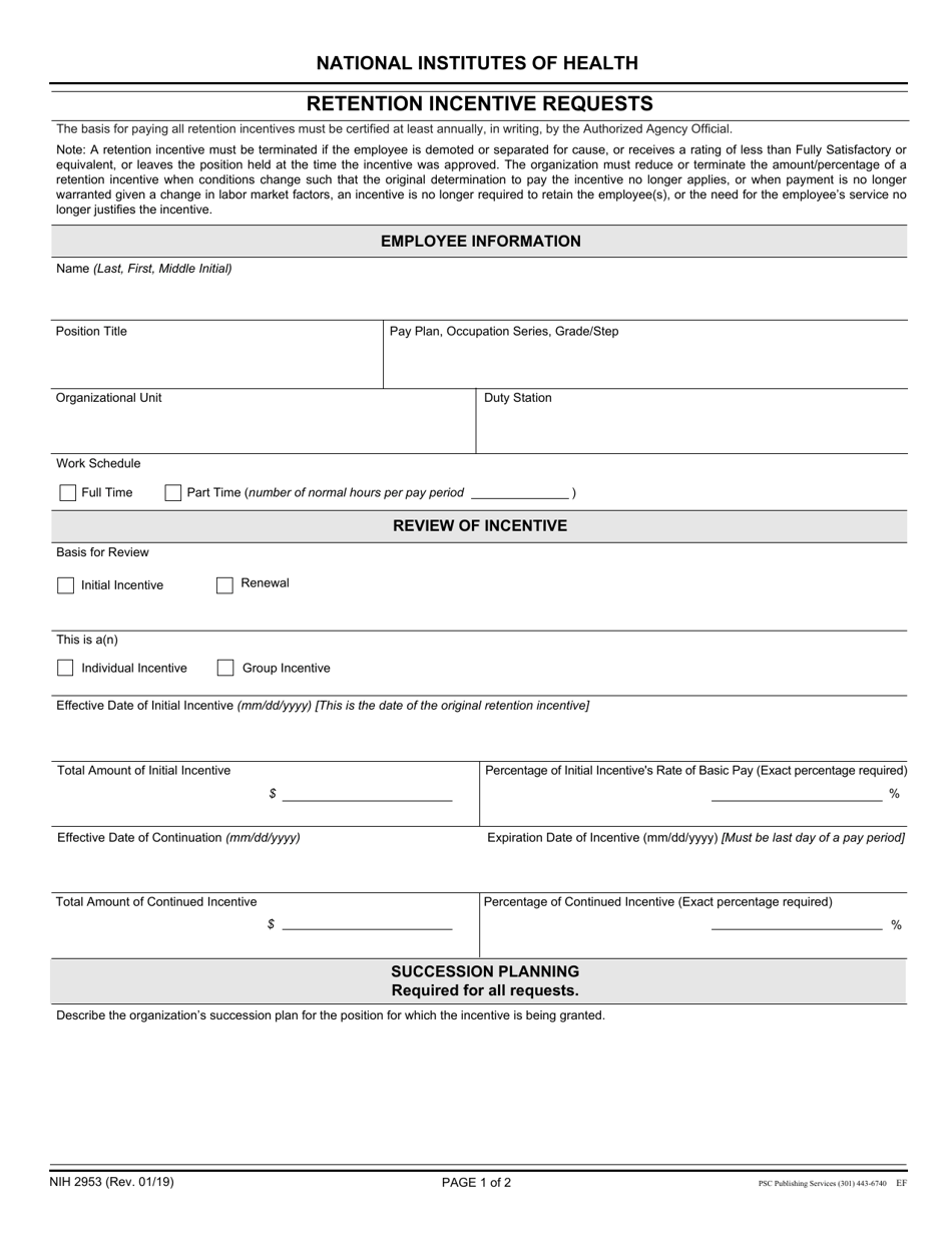 Form NIH2953 Retention Incentive Requests, Page 1