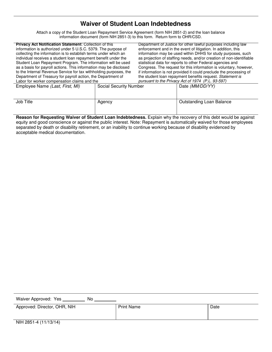 Form NIH2851-4 Waiver of Student Loan Indebtedness, Page 1