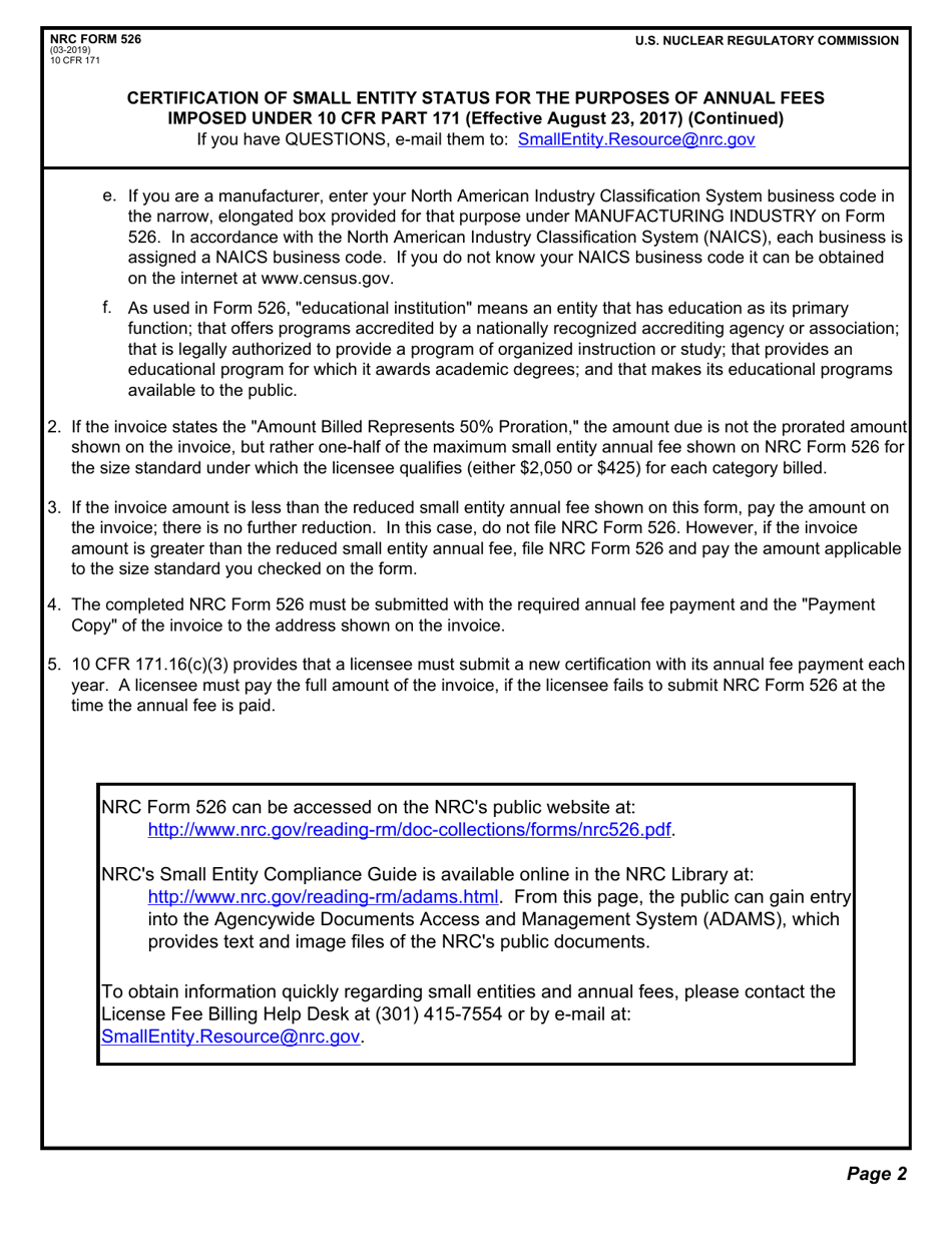 NRC Form 526 Certification of Small Entity Status for the Purposes of Annual Fees Imposed Under 10 Cfr Part 171, Page 3