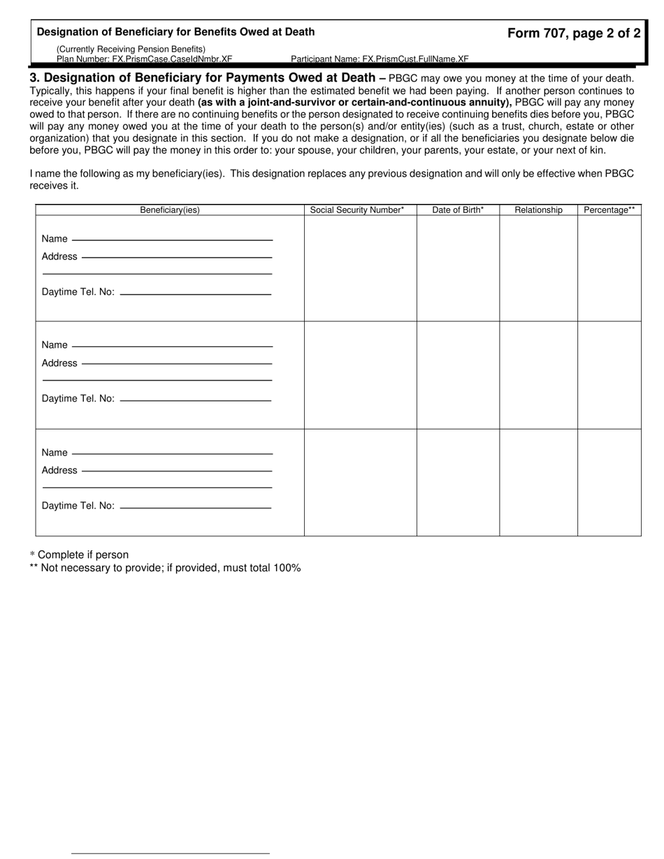 PBGC Form 707 Designation of Beneficiary for Benefits Owed at Death, Page 3