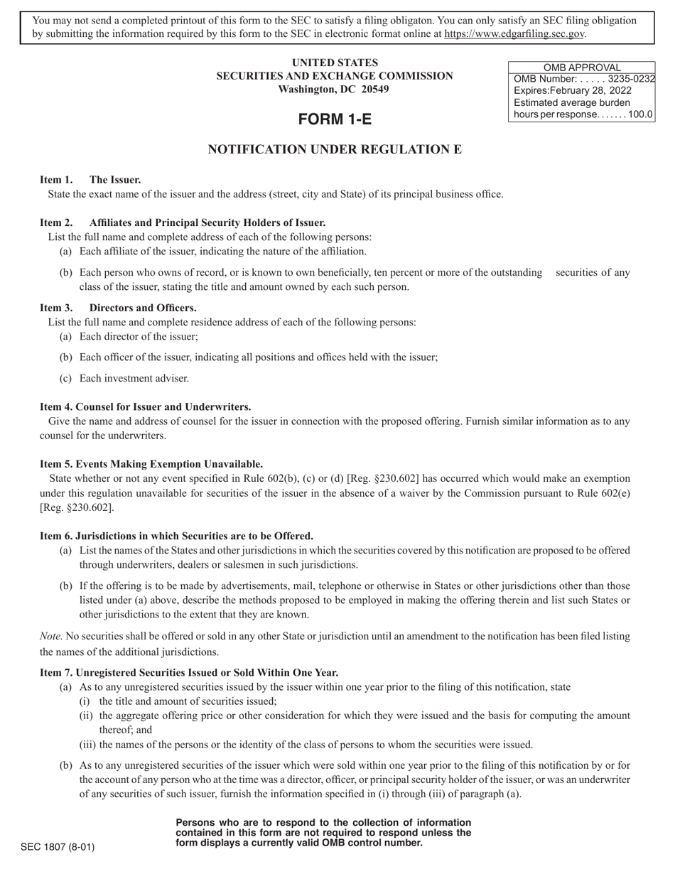 SEC Form 1807 (1-E) Notification Under Regulation E, Page 1