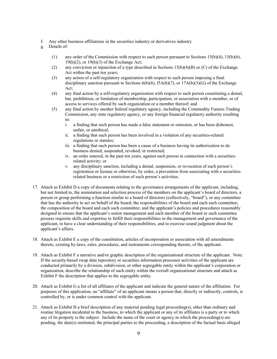 SEC Form 2911 (SDR) Application or Amendment to Application for Registration or Withdrawal From Registration as Security-Based Swap Data Repository Under the Securities Exchange Act of 1934, Page 9