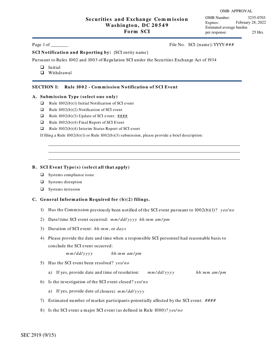 SEC Form 2919 (SCI) Systems Compliance and Integrity, Page 1