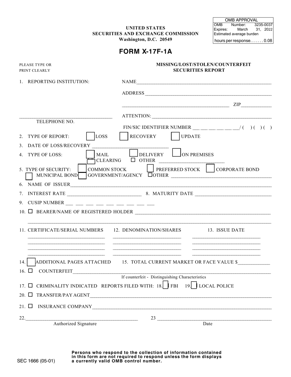 SEC Form 1666 (X-17F-1A) Missing / Lost / Stolen / Counterfeitsecurities Report, Page 1