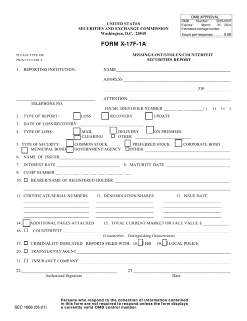 SEC Form 1666 (X-17F-1A)  Printable Pdf