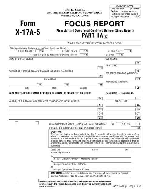 SEC Form 1696 (X-17A-5)  Printable Pdf