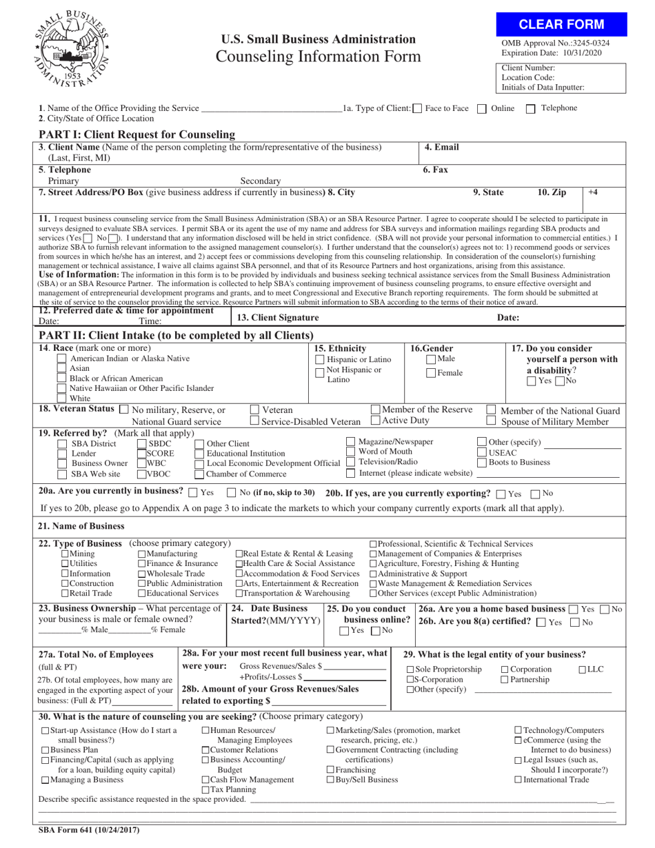 SBA Form 641 Counseling Information Form, Page 1