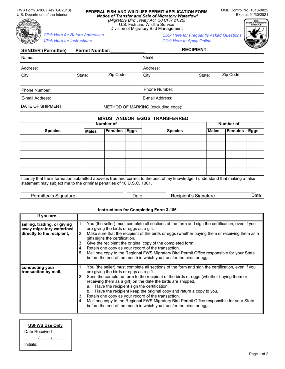 FWS Form 3-186 Federal Fish and Wildlife Permit Application Form - Notice of Transfer and Sale of Migratory Waterfowl, Page 1