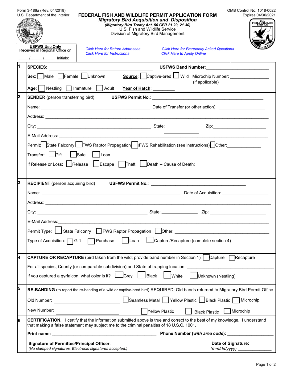 FWS Form 3-186A Federal Fish and Wildlife Permit Application Form - Migratory Bird Acquisition and Disposition, Page 1