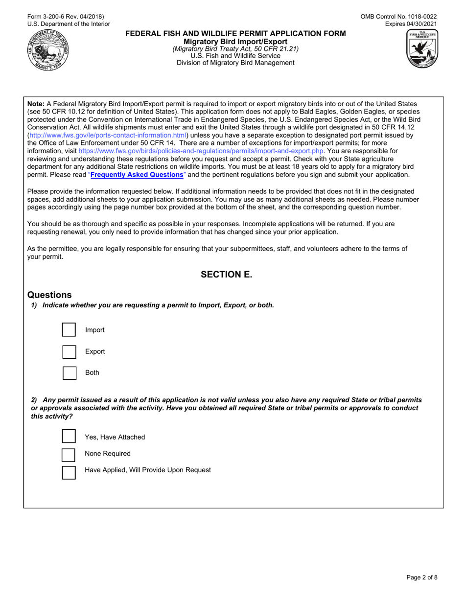 FWS Form 3-200-6 Federal Fish and Wildlife Permit Application Form - Migratory Bird Import / Export, Page 2