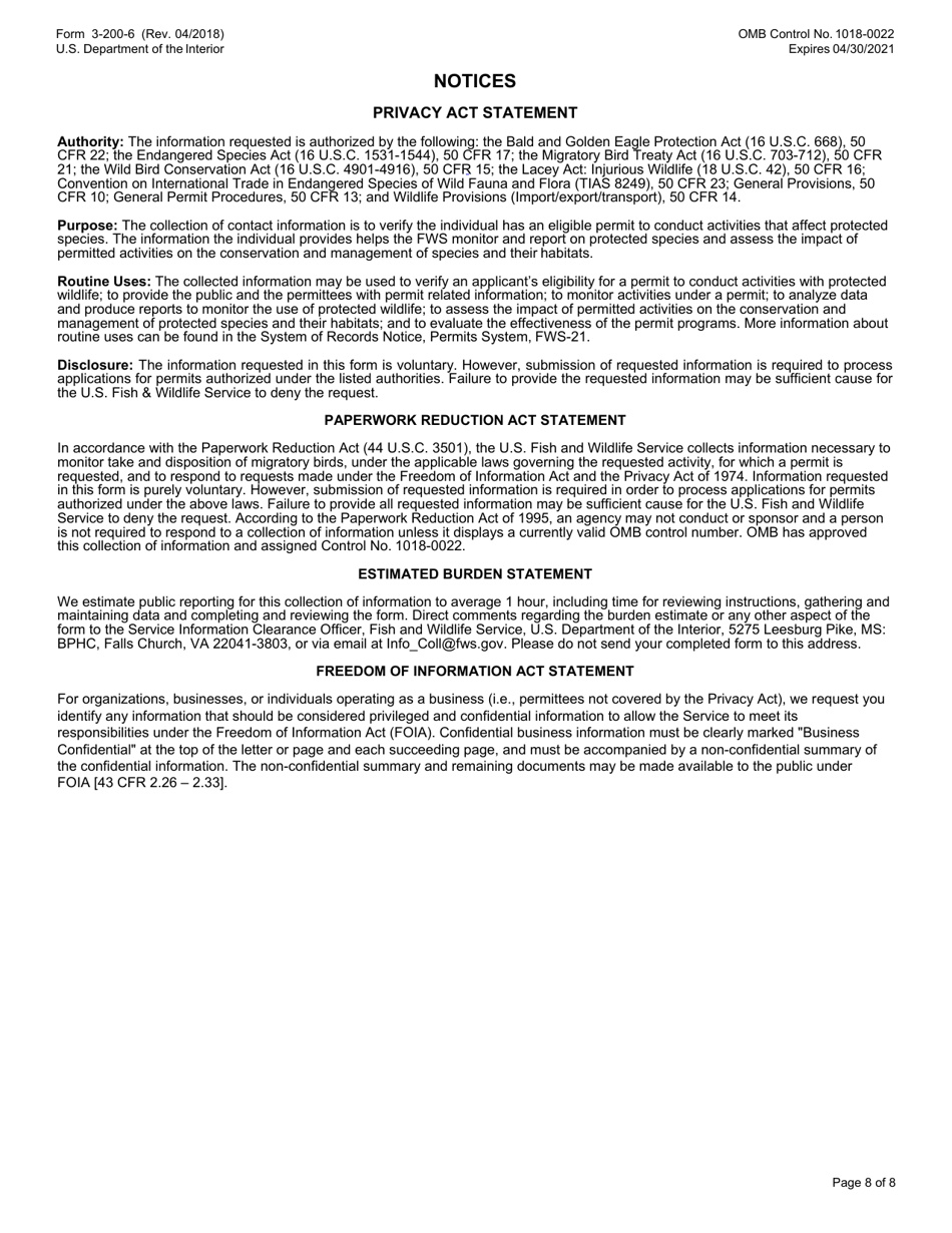FWS Form 3-200-6 Federal Fish and Wildlife Permit Application Form - Migratory Bird Import / Export, Page 8