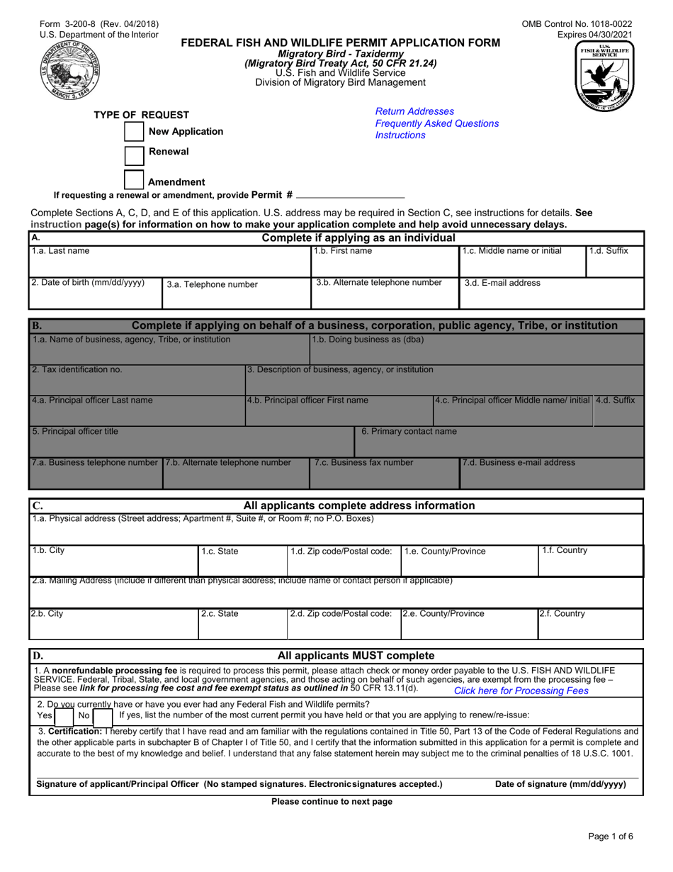FWS Form 3-200-8 Federal Fish and Wildlife Permit Application Form - Migratory Bird - Taxidermy, Page 1