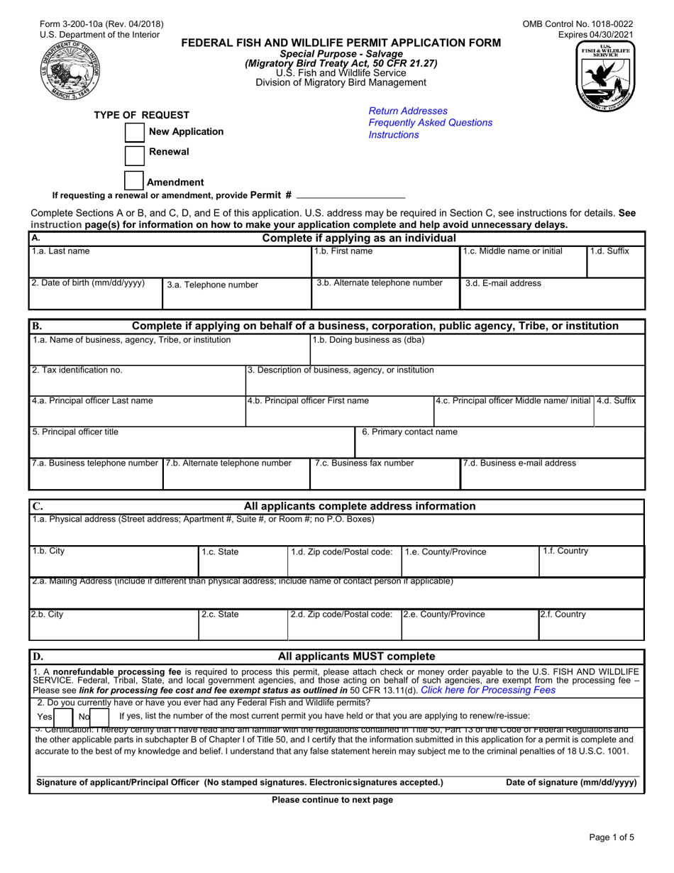 FWS Form 3-200-10A Federal Fish and Wildlife Permit Application Form - Special Purpose - Salvage, Page 1