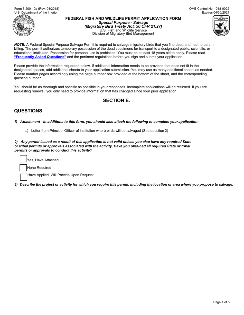 FWS Form 3-200-10A Federal Fish and Wildlife Permit Application Form - Special Purpose - Salvage, Page 2