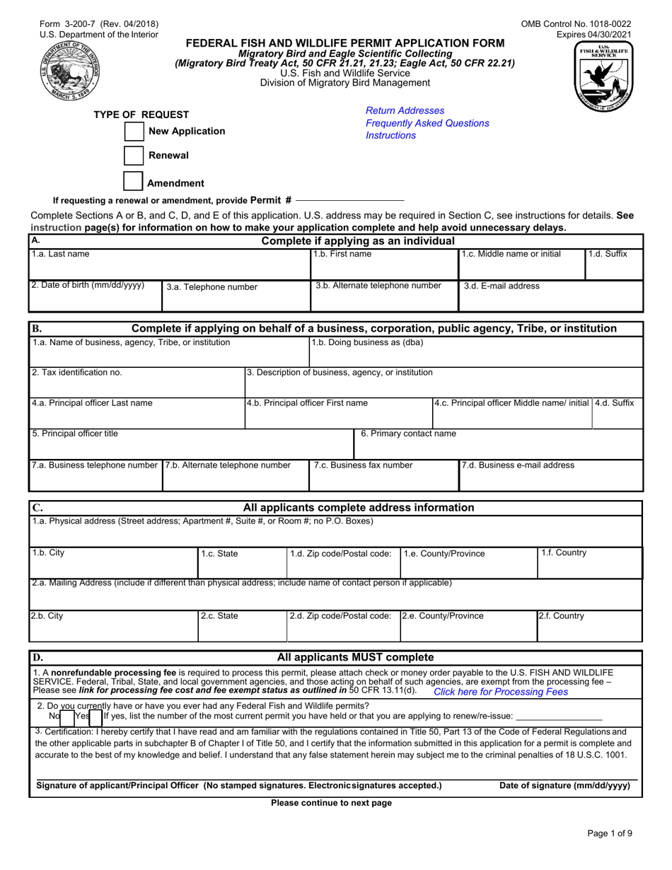 FWS Form 3-200-7 Federal Fish and Wildlife Permit Application Form - Migratory Bird and Eagle Scientific Collecting, Page 1
