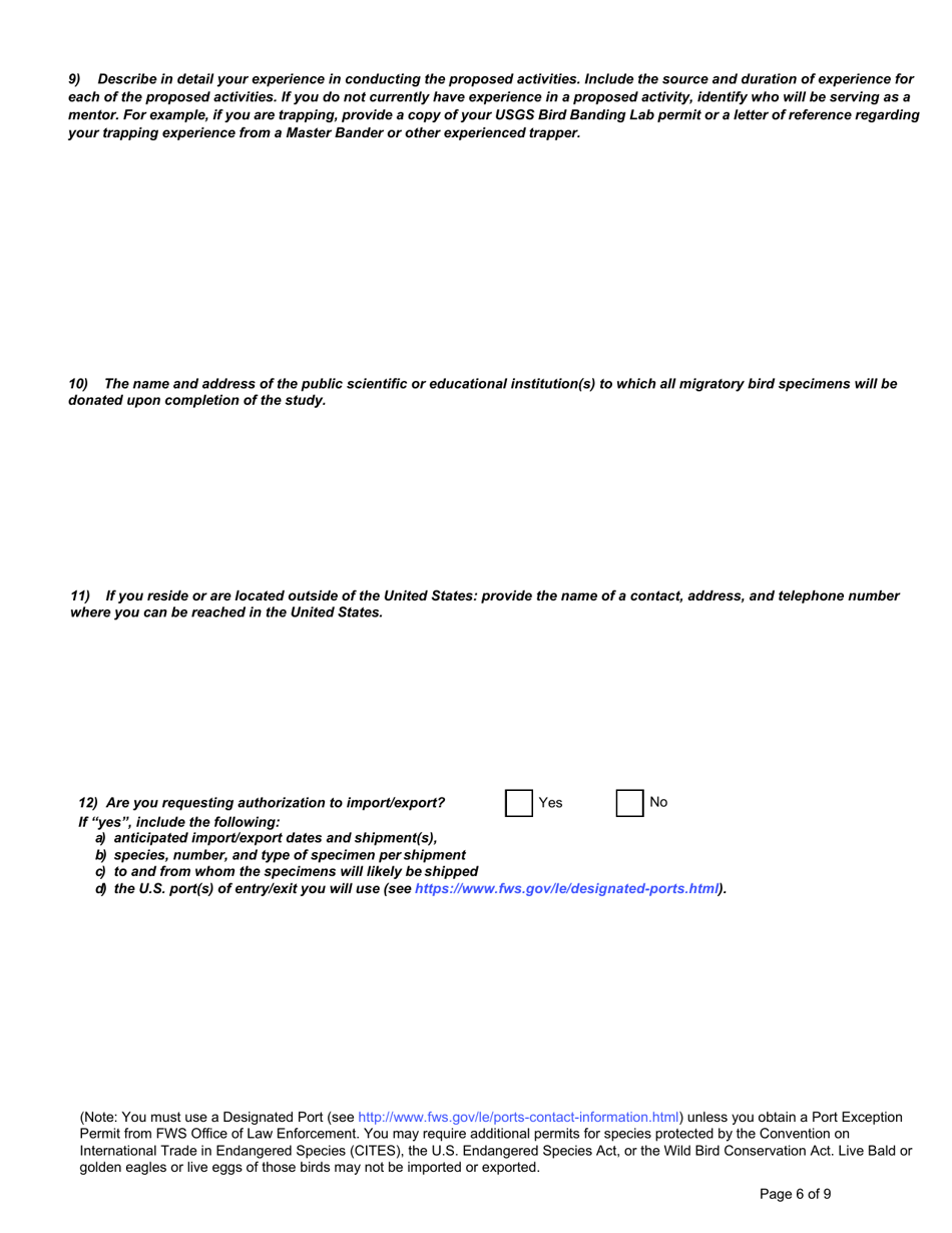 FWS Form 3-200-7 Federal Fish and Wildlife Permit Application Form - Migratory Bird and Eagle Scientific Collecting, Page 6
