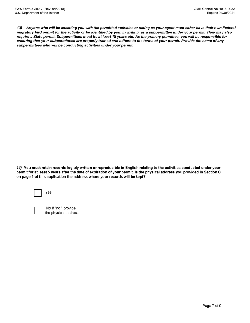 FWS Form 3-200-7 Federal Fish and Wildlife Permit Application Form - Migratory Bird and Eagle Scientific Collecting, Page 7