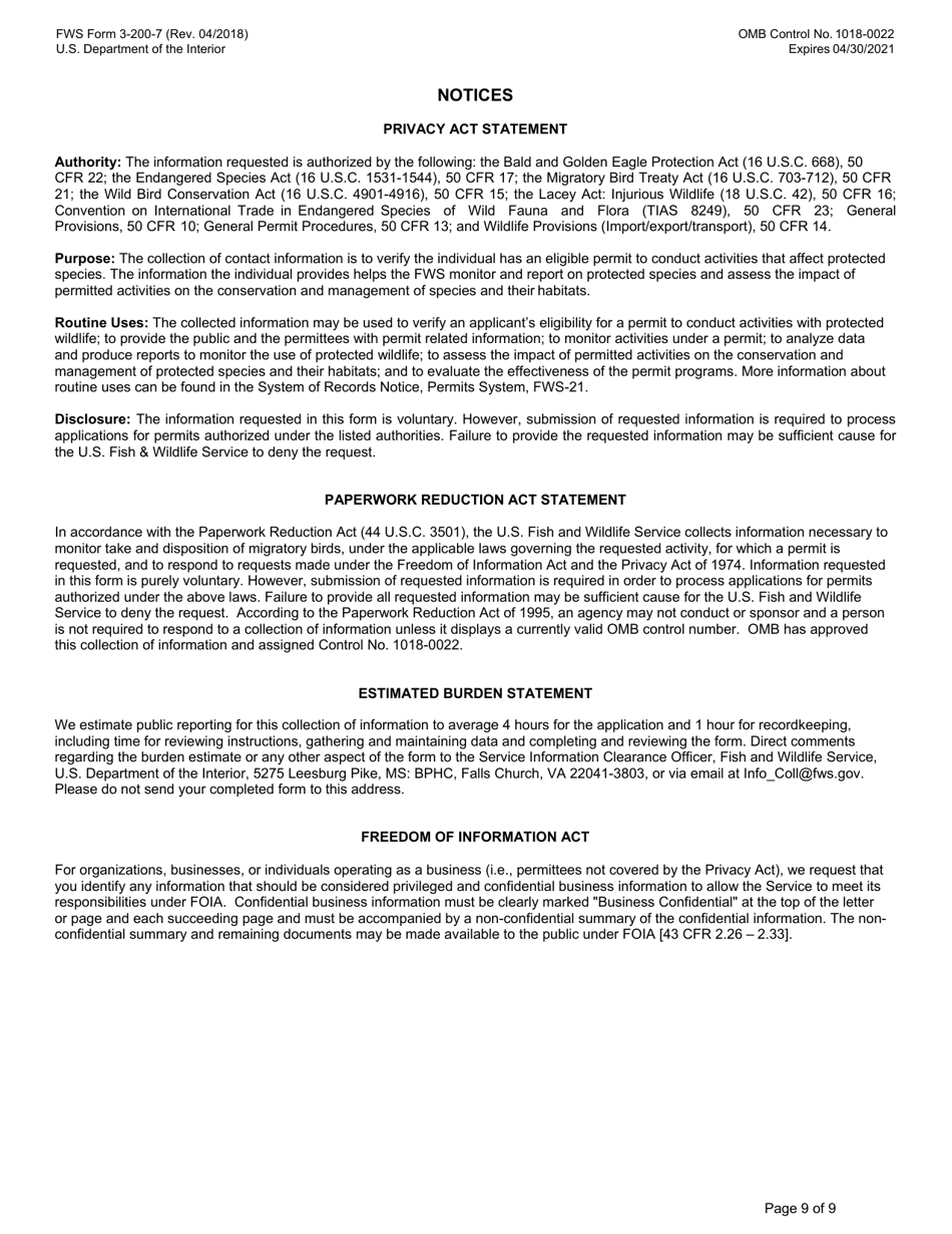 FWS Form 3-200-7 Federal Fish and Wildlife Permit Application Form - Migratory Bird and Eagle Scientific Collecting, Page 9