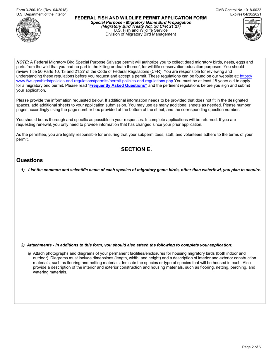 FWS Form 3-200-10E Federal Fish and Wildlife Permit Application Form - Special Purpose - Migratory Game Bird Propagation, Page 2