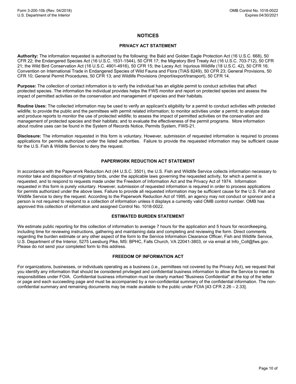 FWS Form 3-200-10B Federal Fish and Wildlife Permit Application Form - Rehabilitation, Page 10