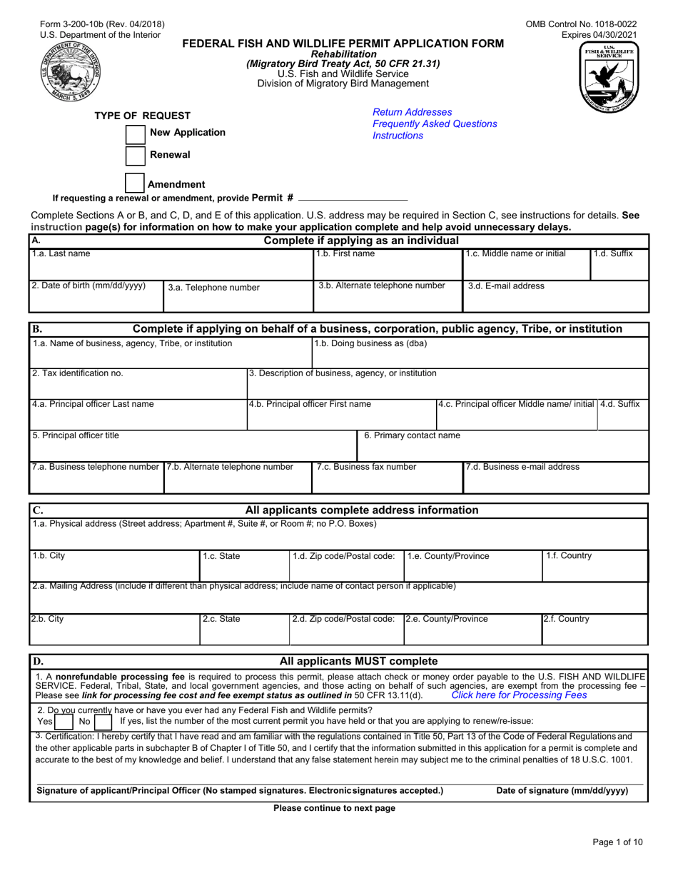 FWS Form 3-200-10B Federal Fish and Wildlife Permit Application Form - Rehabilitation, Page 1