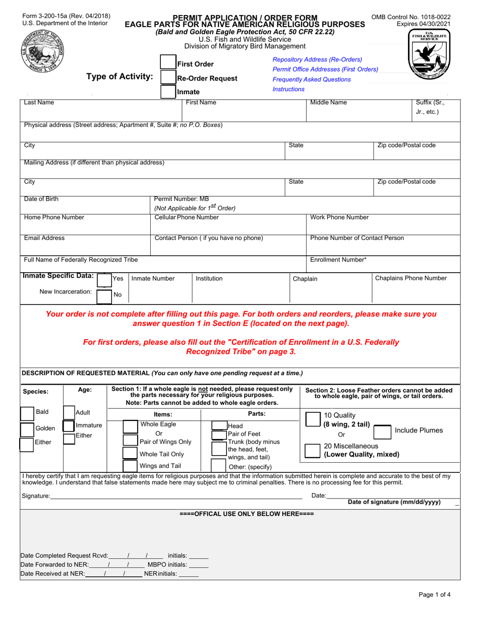 FWS Form 3-200-15A Permit Application / Order Form - Eagle Parts for Native American Religious Purposes, Page 1