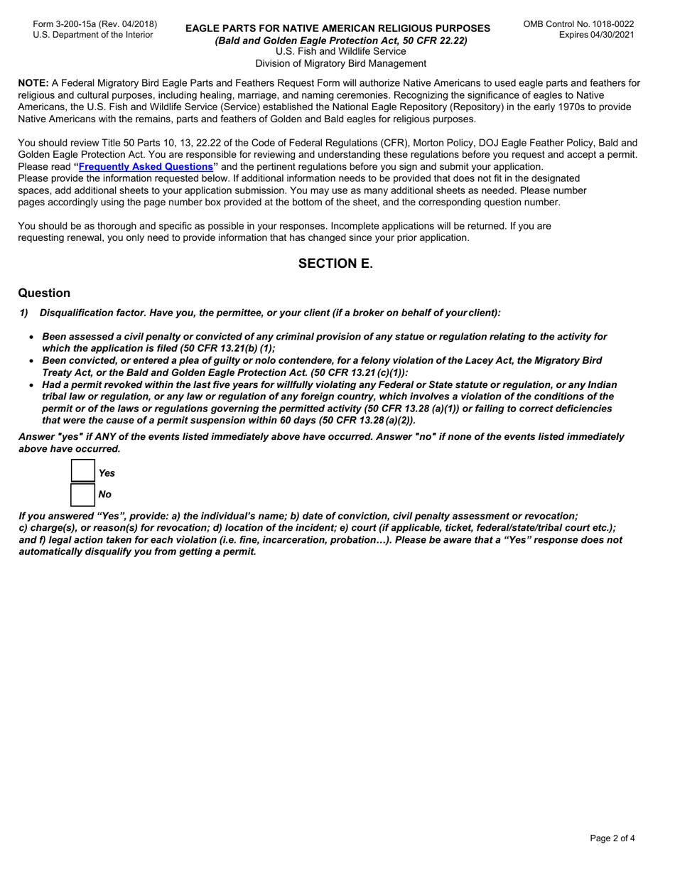 FWS Form 3-200-15A Permit Application / Order Form - Eagle Parts for Native American Religious Purposes, Page 2