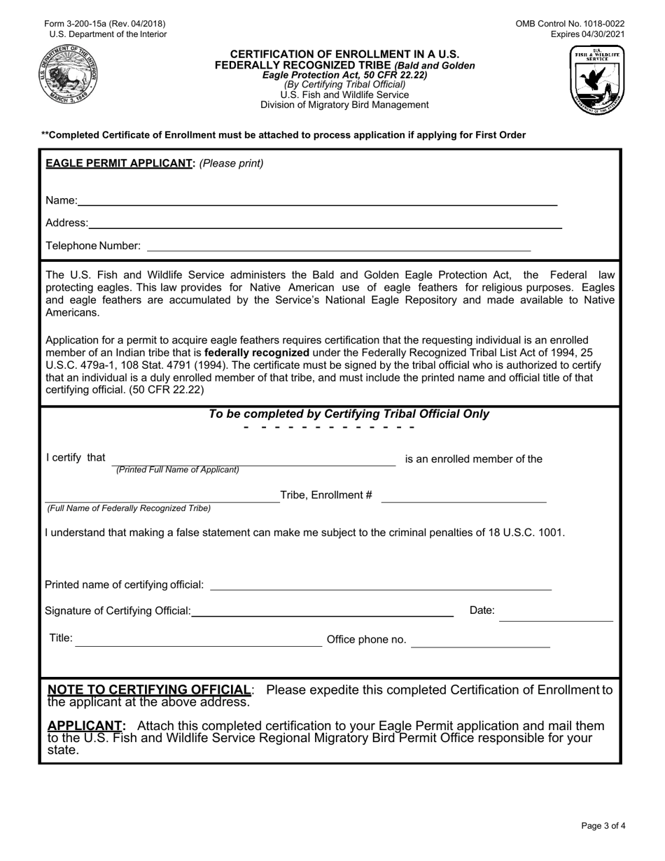 FWS Form 3-200-15A Permit Application / Order Form - Eagle Parts for Native American Religious Purposes, Page 3