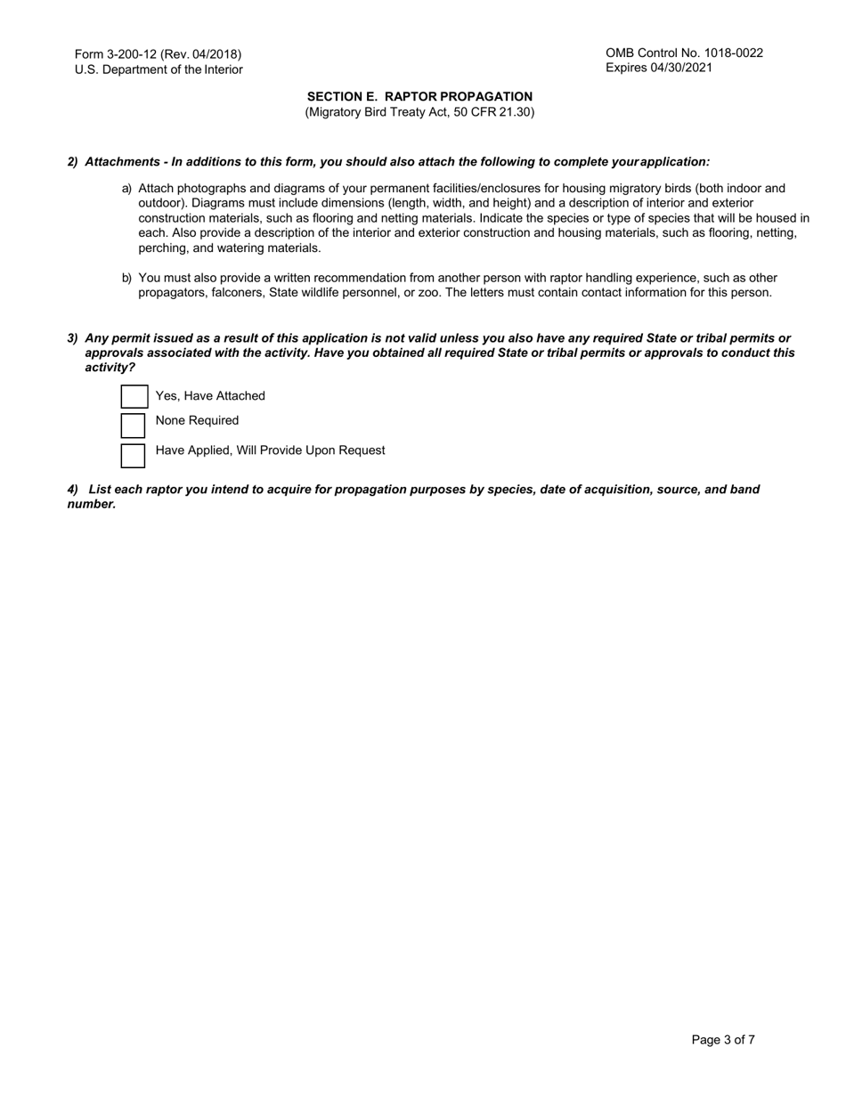 FWS Form 3-200-12 Federal Fish and Wildlife Permit Application Form - Raptor Propagation, Page 3