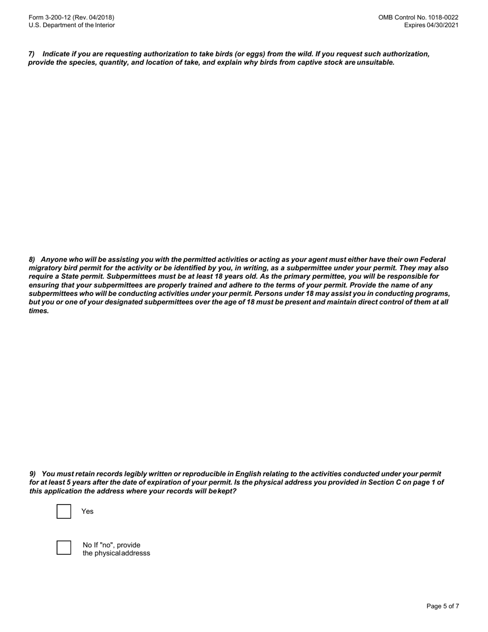 FWS Form 3-200-12 Federal Fish and Wildlife Permit Application Form - Raptor Propagation, Page 5