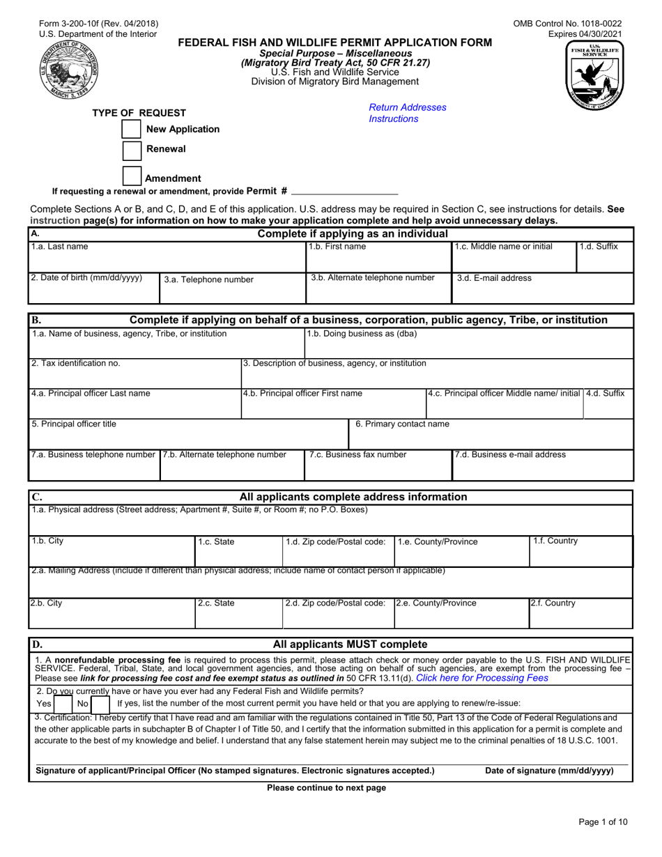 FWS Form 3-200-10F Federal Fish and Wildlife Permit Application Form - Special Purpose - Miscellaneous, Page 1