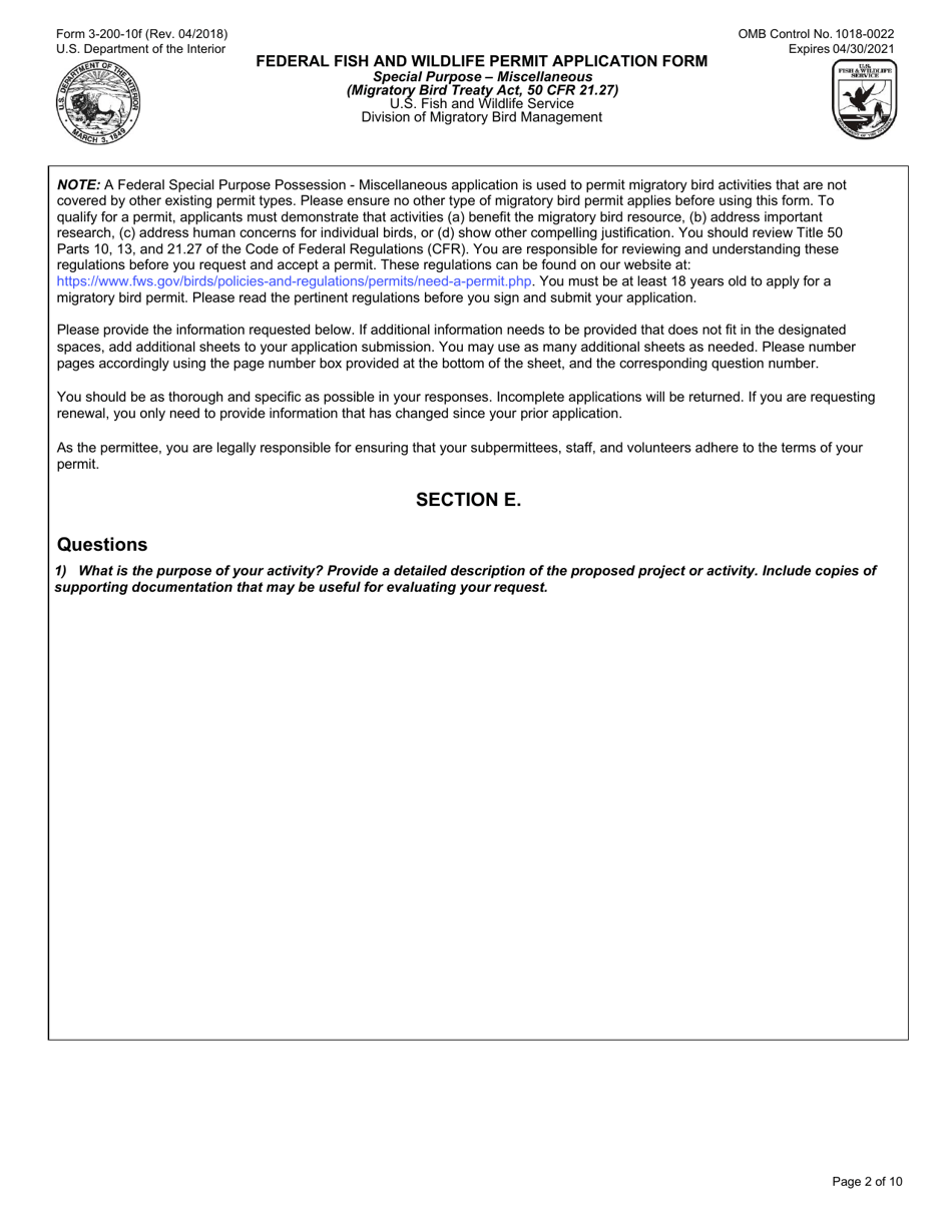 FWS Form 3-200-10F Federal Fish and Wildlife Permit Application Form - Special Purpose - Miscellaneous, Page 2