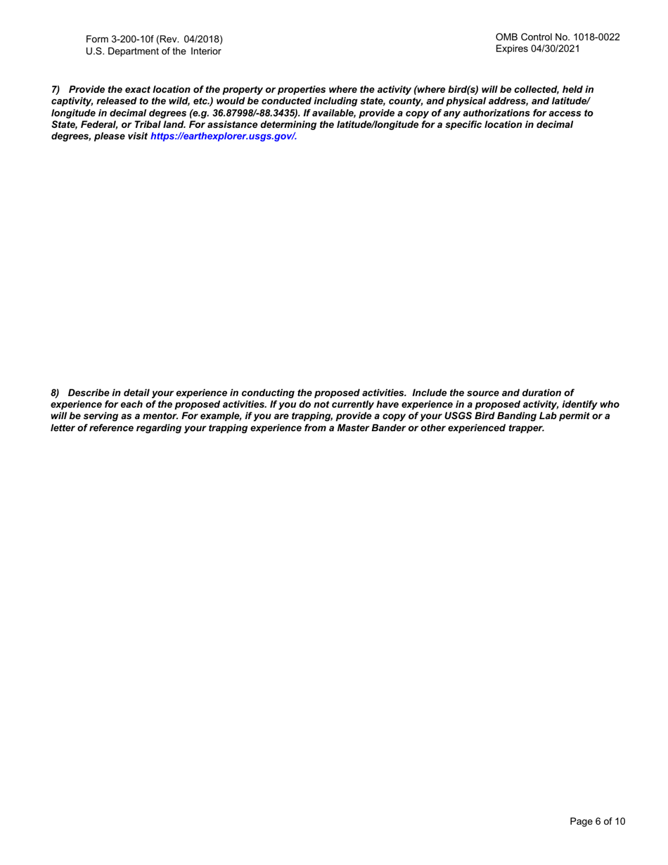 FWS Form 3-200-10F Federal Fish and Wildlife Permit Application Form - Special Purpose - Miscellaneous, Page 6