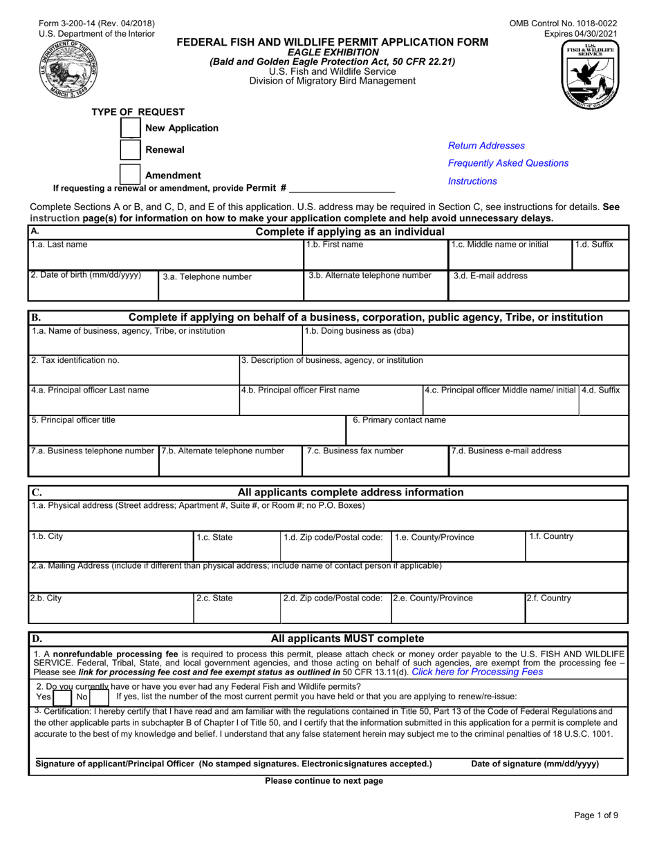 FWS Form 3-200-14 Federal Fish and Wildlife Permit Application Form - Eagle Exhibition, Page 1