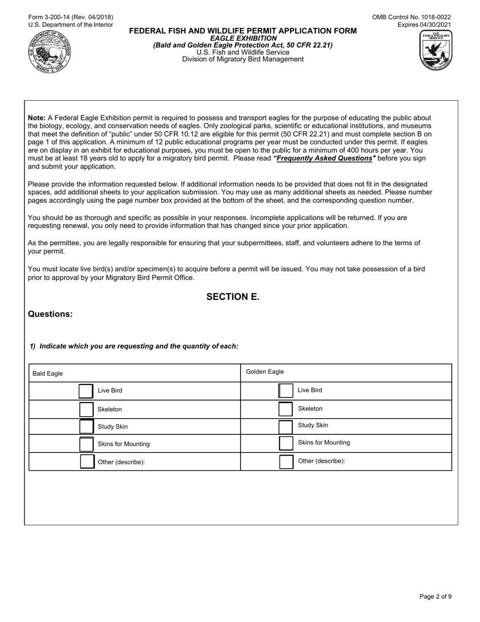 FWS Form 3-200-14 Federal Fish and Wildlife Permit Application Form - Eagle Exhibition, Page 2