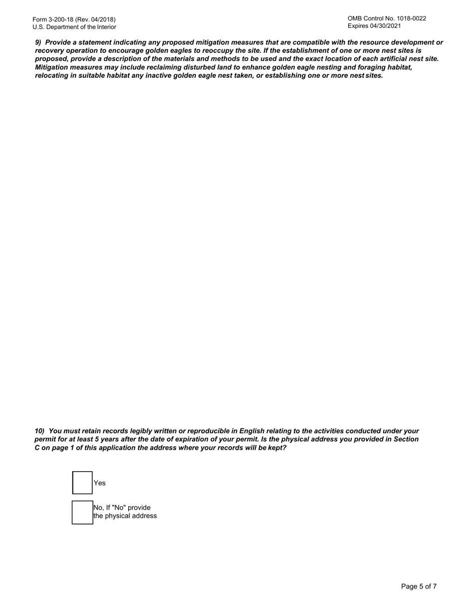 FWS Form 3-200-18 Federal Fish and Wildlife Permit Application Form - Take of Golden Eagle Nests During Resource Development or Recovery, Page 5