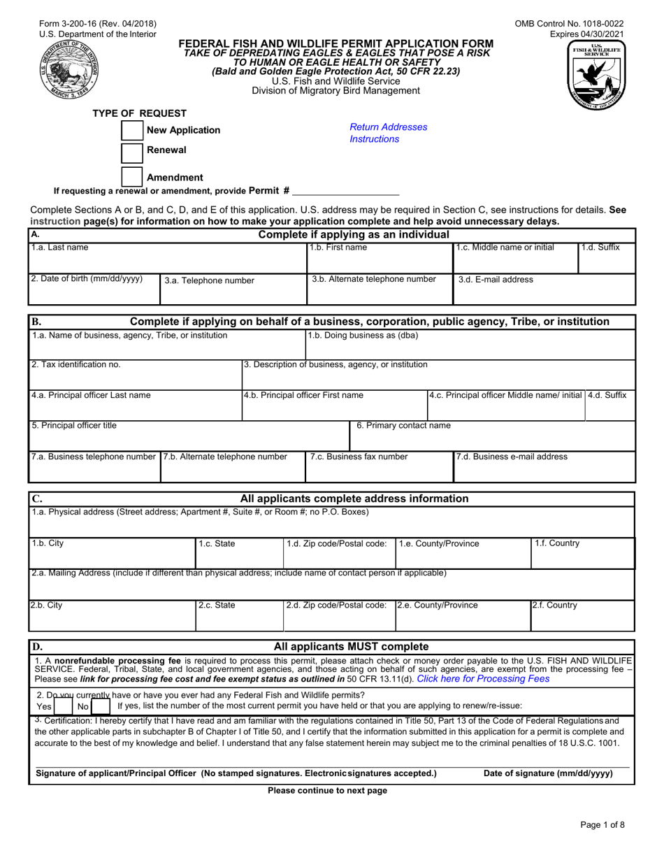 FWS Form 3-200-16 Federal Fish and Wildlife Permit Application Form - Take of Depredating Eagles  Eagles That Pose a Risk to Human or Eagle Health or Safety, Page 1
