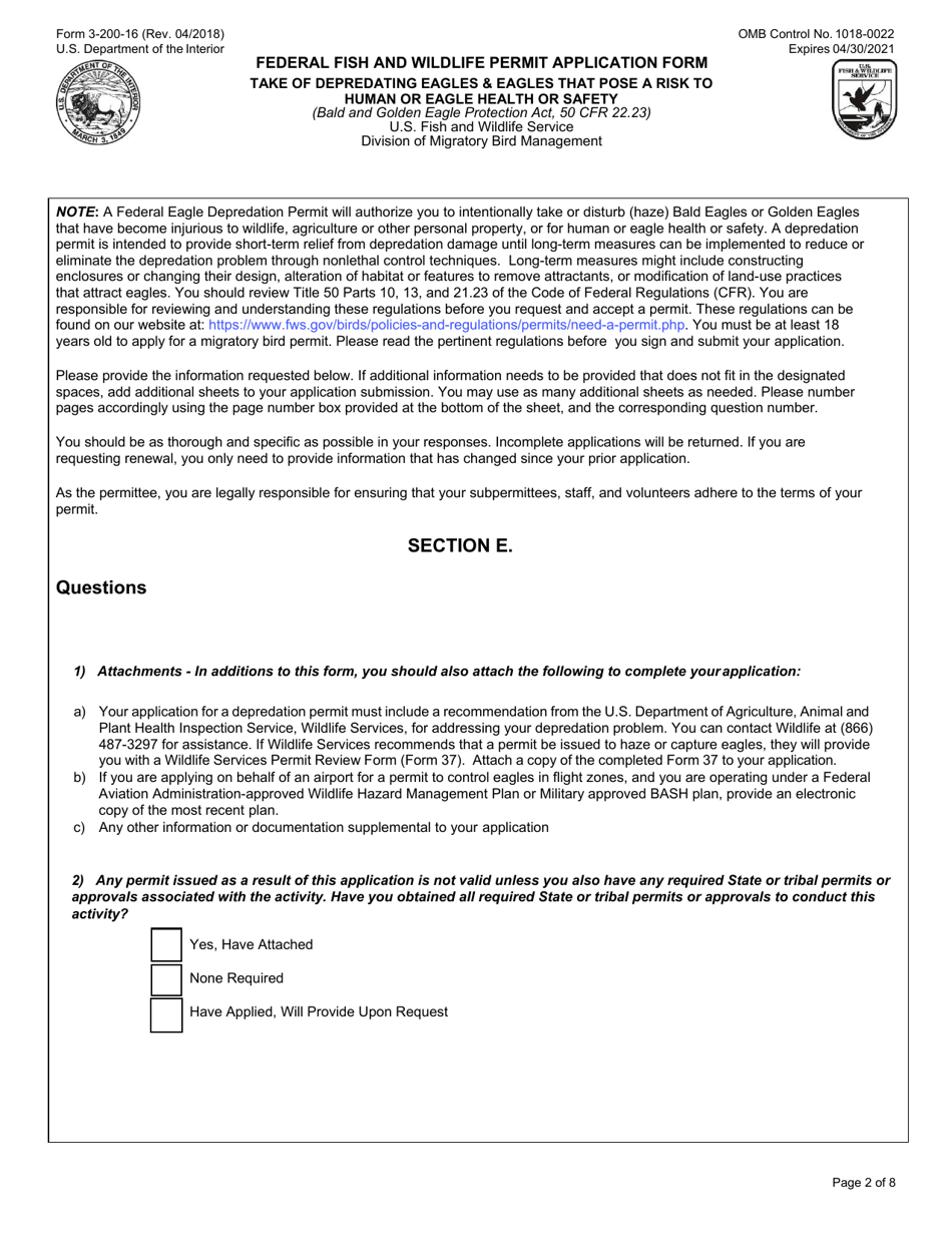 FWS Form 3-200-16 Federal Fish and Wildlife Permit Application Form - Take of Depredating Eagles  Eagles That Pose a Risk to Human or Eagle Health or Safety, Page 2