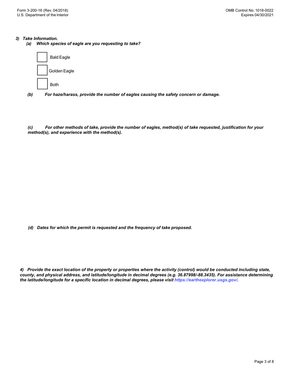 FWS Form 3-200-16 Federal Fish and Wildlife Permit Application Form - Take of Depredating Eagles  Eagles That Pose a Risk to Human or Eagle Health or Safety, Page 3