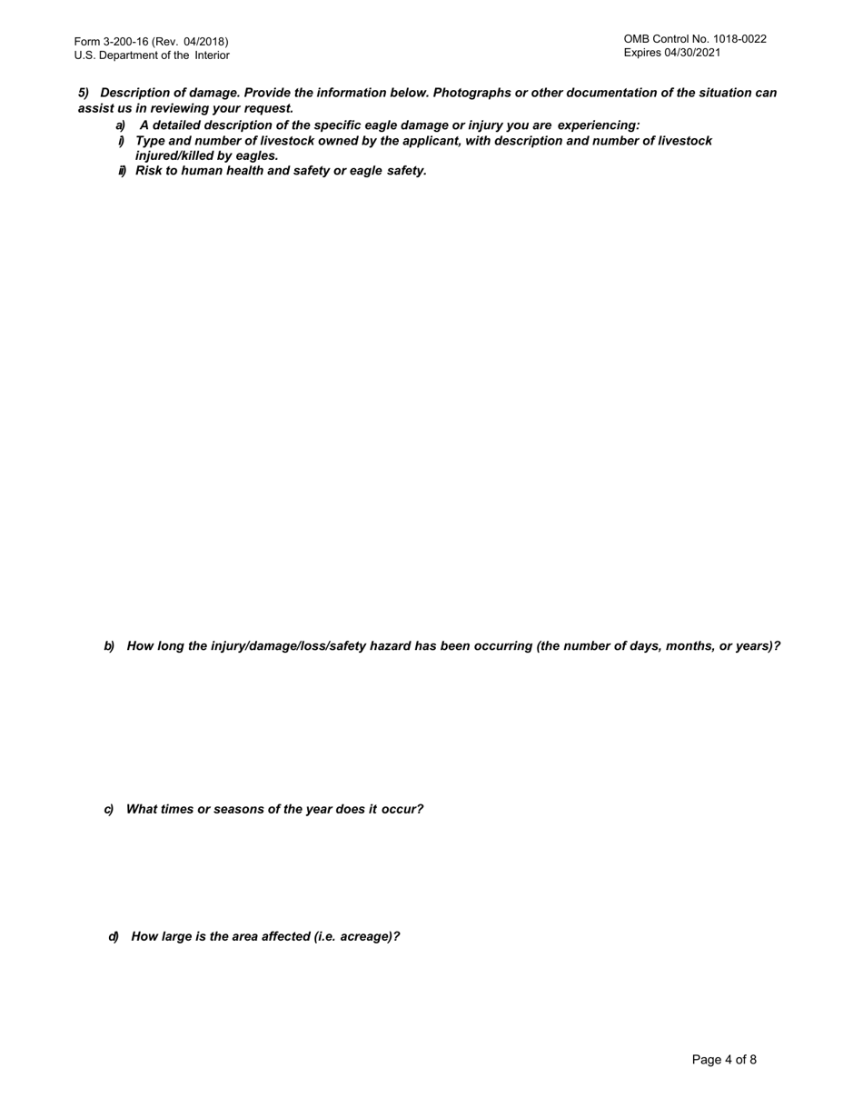 FWS Form 3-200-16 Federal Fish and Wildlife Permit Application Form - Take of Depredating Eagles  Eagles That Pose a Risk to Human or Eagle Health or Safety, Page 4